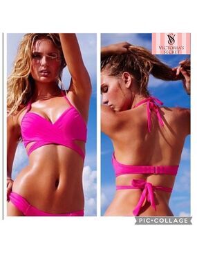 Victoria’s Secret The Wrap Halter Bikini Top Neon Lotus Pink Size 32DD/M/10 EUC